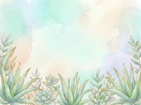 Watercolor succulent border with soft pastel background in mint, peach and lavender tones, perfect for cards, invitations and wall art.
