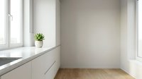 Modern minimalist kitchen corner with white cabinetry, potted succulent plant on countertop, natural light from windows, wooden flooring, and clean empty wall space for design projects.