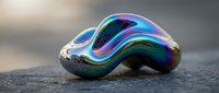 Iridescent liquid metal blob with flowing rainbow colors on concrete surface, suitable for abstract backgrounds and modern design projects.