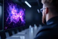 Professional in glasses observing glowing purple data visualization on computer screen, digital particles forming abstract network pattern in dark office setting.