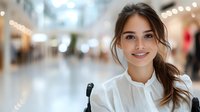 Young Asian businesswoman in white blouse smiling confidently in modern office hallway with blurred background and bokeh lights, representing success and leadership.