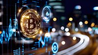 Golden bitcoin cryptocurrency coin with digital trading charts and glowing network connections on blurred city lights background for fintech investment.