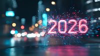 Glowing neon 2026 number with light particles explosion effect against blurred urban night cityscape with bokeh lights.