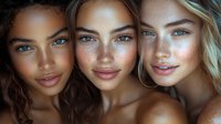 Three diverse young women with striking blue eyes, natural freckles, and glowing skin pose close together in artistic beauty portrait showing different ethnicities and facial features.