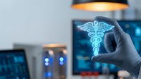 Young adult healthcare professional wearing blue latex gloves holding glowing medical caduceus symbol with server room and monitors in blurred background, representing digital health technology and telemedicine innovation.