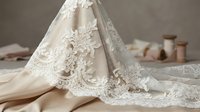 Ivory lace bridal gown with ornate embroidered details and flowing train displayed on neutral surface. Wedding dress design for bridal collections and fashion portfolios.
