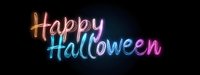 Glowing neon text Happy Halloween in pink and blue colors on black background, luminous lettering with bright light effect creates festive holiday mood.