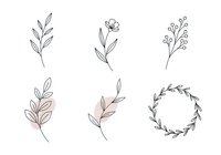 Botanical line art illustrations featuring minimalist leaf branches and floral wreath designs, isolated on white background for graphic design, invitations, and decorative projects.