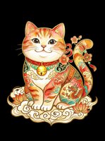Lucky cat with ornate gold and red decorative patterns, raised paw gesture, isolated on transparent background. Ready for t-shirts, stickers, clipart, print-on-demand, sublimation and design projects.
