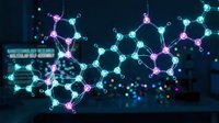 Glowing molecular structure network with connected atoms and bonds in cyan and purple colors on dark background for science technology presentations.