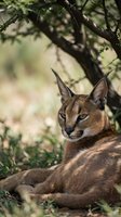 Caracal wild cat resting under acacia tree in natural habitat with distinctive tufted ears and golden brown fur coat in African savanna wilderness.