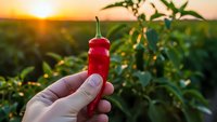 Fresh red chili pepper held in hand at sunset in agricultural field with green plants and golden hour lighting for cooking and farming concepts.