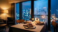 Romantic candlelit dinner table for two with wine and chocolates, love written on rainy window, city lights glowing at night.