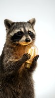 Cute raccoon holding glowing light bulb on white background isolated for creative design projects and innovation concepts.