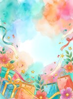 Colorful watercolor background with gift boxes, shopping bags, flowers, and ribbons on white space, suitable for celebrations, retail promotions, and festive designs.