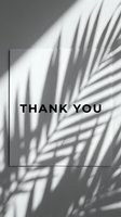 Thank you card with palm leaf shadow on white wall, minimal monochrome style for social media, greeting, or branding use.