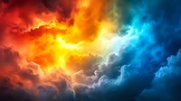 Dramatic abstract clouds with fiery red and orange flames transitioning to cool blue and cyan tones, creating a striking contrast of hot and cold elements for dynamic backgrounds.
