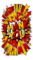 Thank you you message in comic book pop art style with red, yellow, and white colors, featuring bold lettering and dynamic explosion effects with stars, ideal for greeting cards and thank you notes.