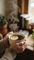 Close-up of mature hands holding steaming mug of hot tea with lemon slice indoors. Warm beverage concept for wellness, relaxation and comfort during cold seasons.