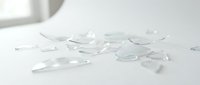 Scattered broken glass shards and fragments on white surface, isolated ready for design use on merchandise and promotional materials.