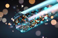 Glowing particles and sparkles float inside glass test tube with turquoise blue light against dark background with bokeh effect, science concept.