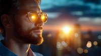 Bearded Caucasian man in glasses gazing at sunset cityscape, orange lens flare reflects in eyewear creating atmospheric mood. Bokeh city lights background.