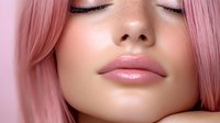 Young woman with pink hair and closed eyes showcasing natural makeup and glossy lips for beauty and fashion concepts.
