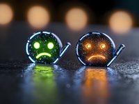 Glowing sad emoji faces created from electronic components on dark surface with bokeh background. Green and orange LED lights reflect on wet surface.