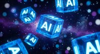 Glowing blue AI cubes floating in cosmic space with bokeh lights and digital particles for technology and artificial intelligence concepts.