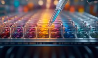 Laboratory research with multichannel pipette adding blue solution to microplate wells with colorful liquid samples against blurred bokeh background for medical testing.