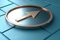 Metallic arrow pointing upward on circular platform against turquoise geometric background, modern business growth concept for presentations and designs.