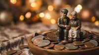 Elderly couple figurines sitting on pile of coins with warm bokeh lights background representing retirement savings and financial security planning.