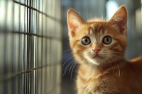 Adorable ginger kitten with bright green eyes looking through cage bars at animal shelter, soft natural lighting creates warm emotional mood for pet adoption awareness.