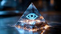 Mystical glowing pyramid with luminous eye symbol floating in dark space, surrounded by sparkling light particles and cosmic energy effects.