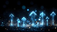 Digital arrows pointing upward with glowing blue light effects and sparkling particles on dark background for business growth and success concepts.