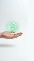 Hand holding glowing green circuit board brain icon representing artificial intelligence, technology innovation, and digital transformation for business solutions.