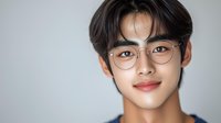 Young Asian male model wearing round glasses with gentle smile against light gray background, modern professional portrait with soft lighting and clean composition.