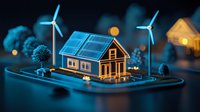 Miniature eco-friendly house with solar panels and wind turbines glowing at night, sustainable energy concept for environmental conservation and green living.