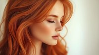 Side profile portrait of young woman with flowing ginger hair and natural makeup against beige background, eyes closed in serene expression. Soft lighting creates dreamy atmosphere.