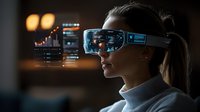 Young woman wearing augmented reality smart glasses views holographic business data and charts in dark office with glowing interface displays.