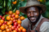 African American farmer smiling while harvesting fresh oranges and tangerines in orchard garden, wearing straw hat and overalls during autumn season.