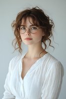Young Caucasian woman with curly brown hair wearing round glasses and white cotton blouse poses against light background. Natural beauty portrait with soft lighting.