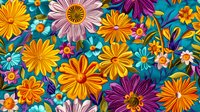 Vibrant floral pattern with orange, pink and purple daisies, small blue flowers and green leaves on dark teal background creates cheerful summer mood for fabric design.