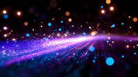 Glowing purple light beam with blue and orange bokeh particles floating in dark space, creating magical atmosphere and dynamic motion effect.