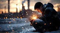 Young Asian male crouching in winter snow at sunset, lighting sparklers with glowing particles and bokeh effects creating magical atmospheric scene.