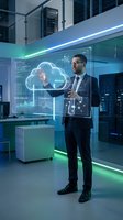 Professional businessman interacting with futuristic holographic cloud computing interface in modern data center with glowing blue and green lighting effects.