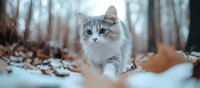 Fluffy white and gray cat walking through snowy winter forest with fallen autumn leaves, creating magical woodland atmosphere in soft natural lighting.