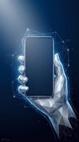 Futuristic polygonal hand holding smartphone with digital network connections on blue gradient background for technology and communication concepts.