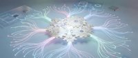 Futuristic neural network visualization with glowing connections and data nodes on gradient background for technology and artificial intelligence concepts.