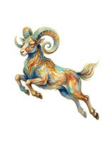 Watercolor Aries ram leaping dynamically, gold and teal tones, zodiac art isolated on transparent background, ready for stickers, T-shirts, and print on demand.